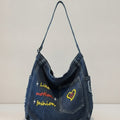 Denim Shoulder Tote with Embroidered Heart Design – bags & wallets (view 1)
