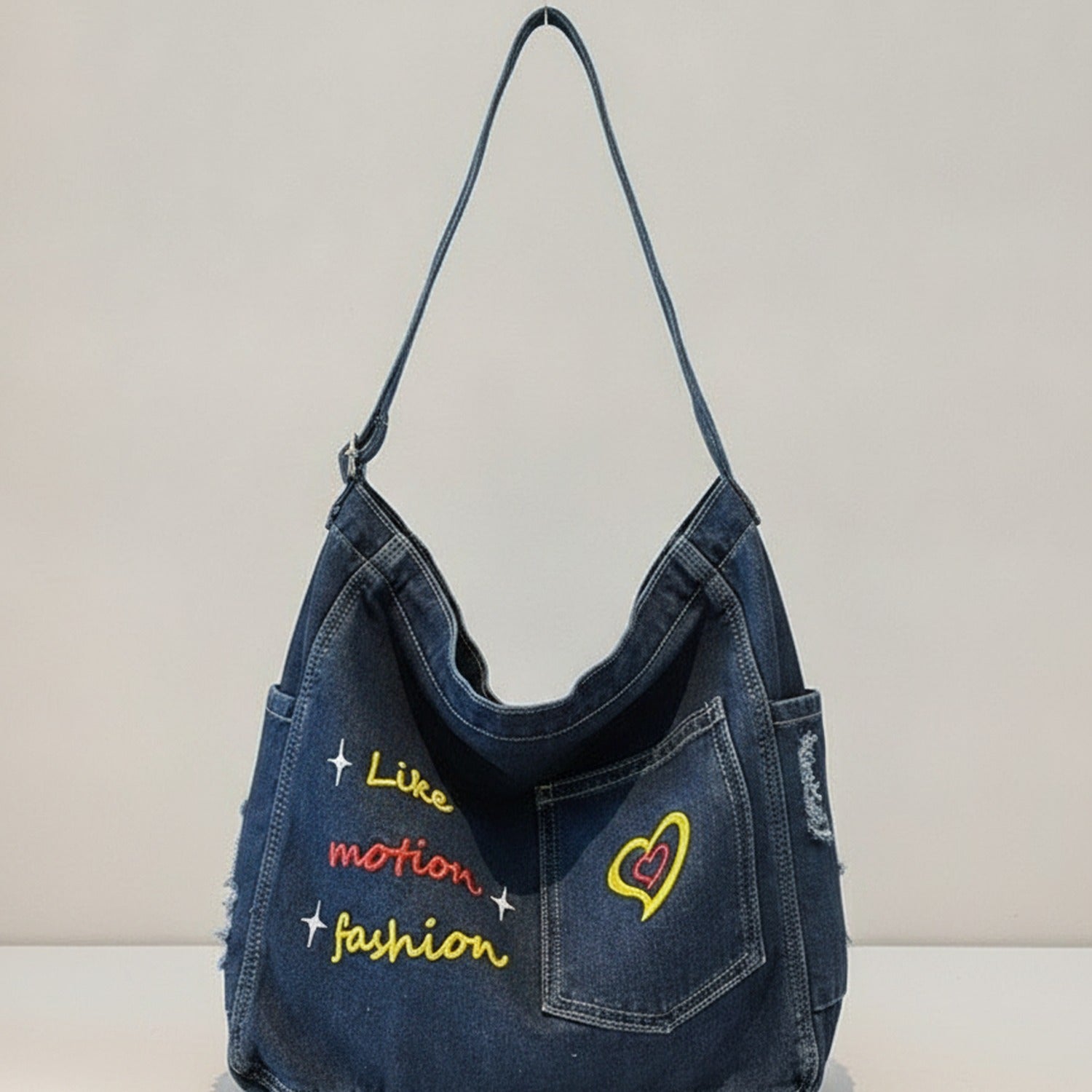 Denim Shoulder Tote with Embroidered Heart Design – bags & wallets (view 1)