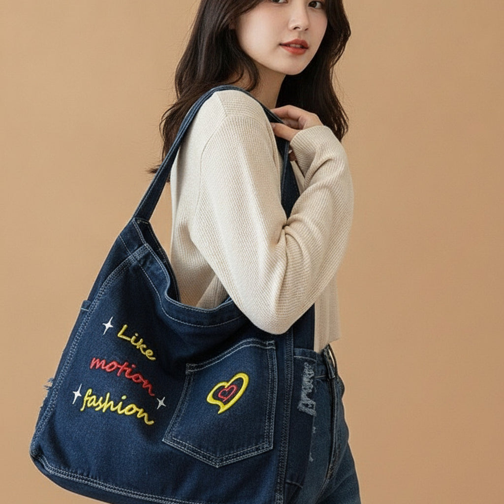 Denim Shoulder Tote with Embroidered Heart Design – bags & wallets (view 3)