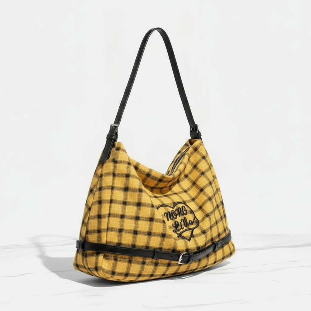 Shoulder Bag With Heart Charm - Black Yellow Grid – bags & wallets (view 3)
