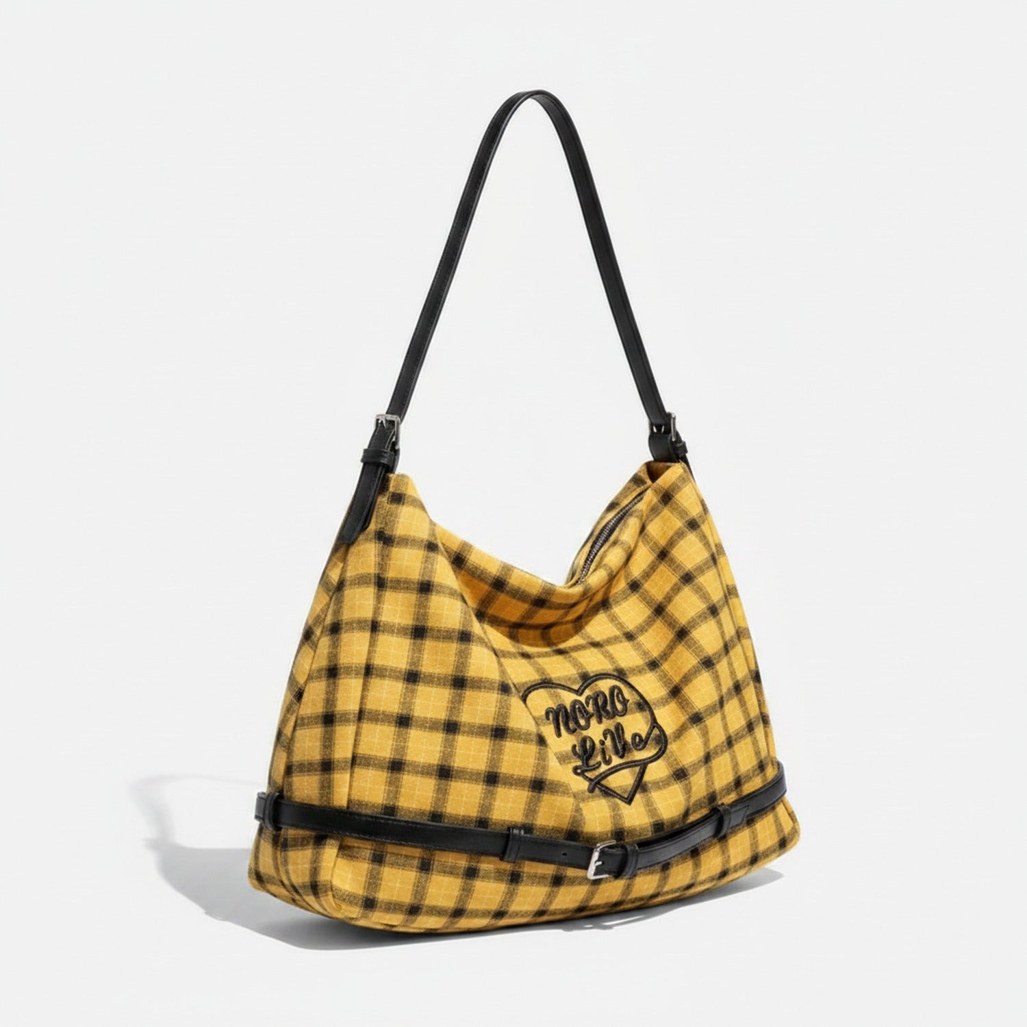 Shoulder Bag With Heart Charm - Black Yellow Grid – bags & wallets (view 1)