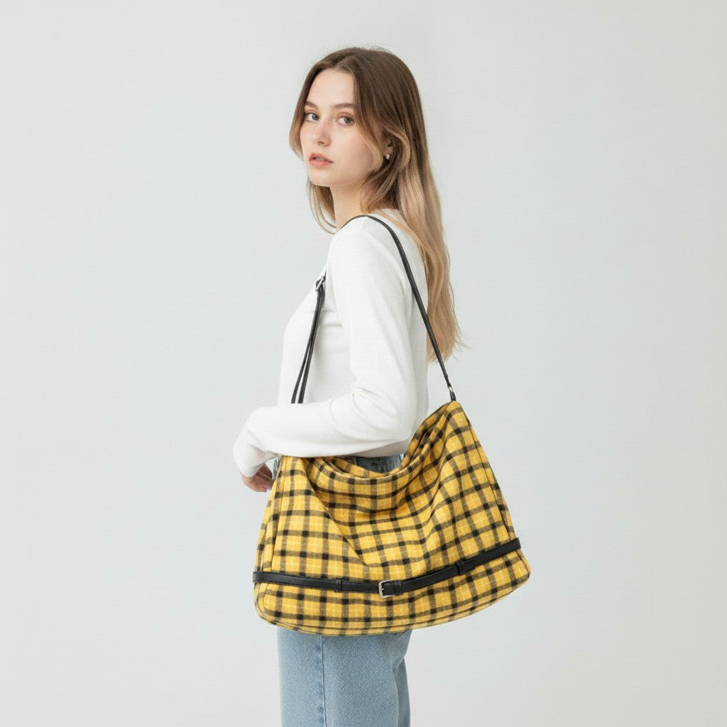 Shoulder Bag With Heart Charm - Black Yellow Grid – bags & wallets (view 2)