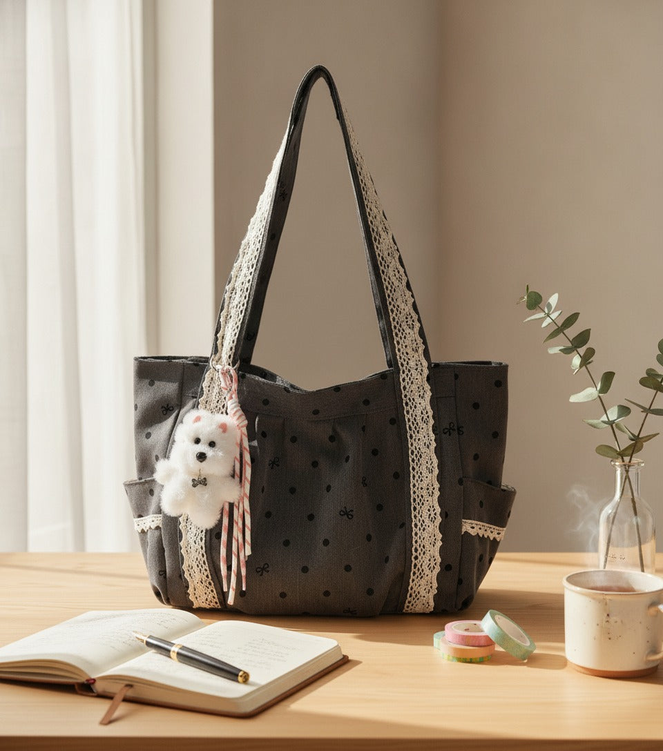 Star Studded Hobo Tote Bag With Fluffy Charm - Black Charm – bags & wallets (view 2)