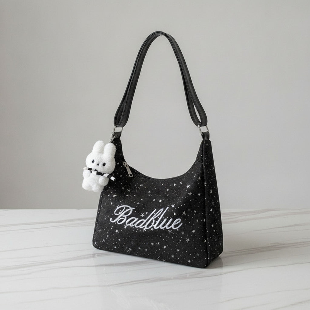 Star Studded Hobo Tote Bag With Fluffy Charm - Black Charm