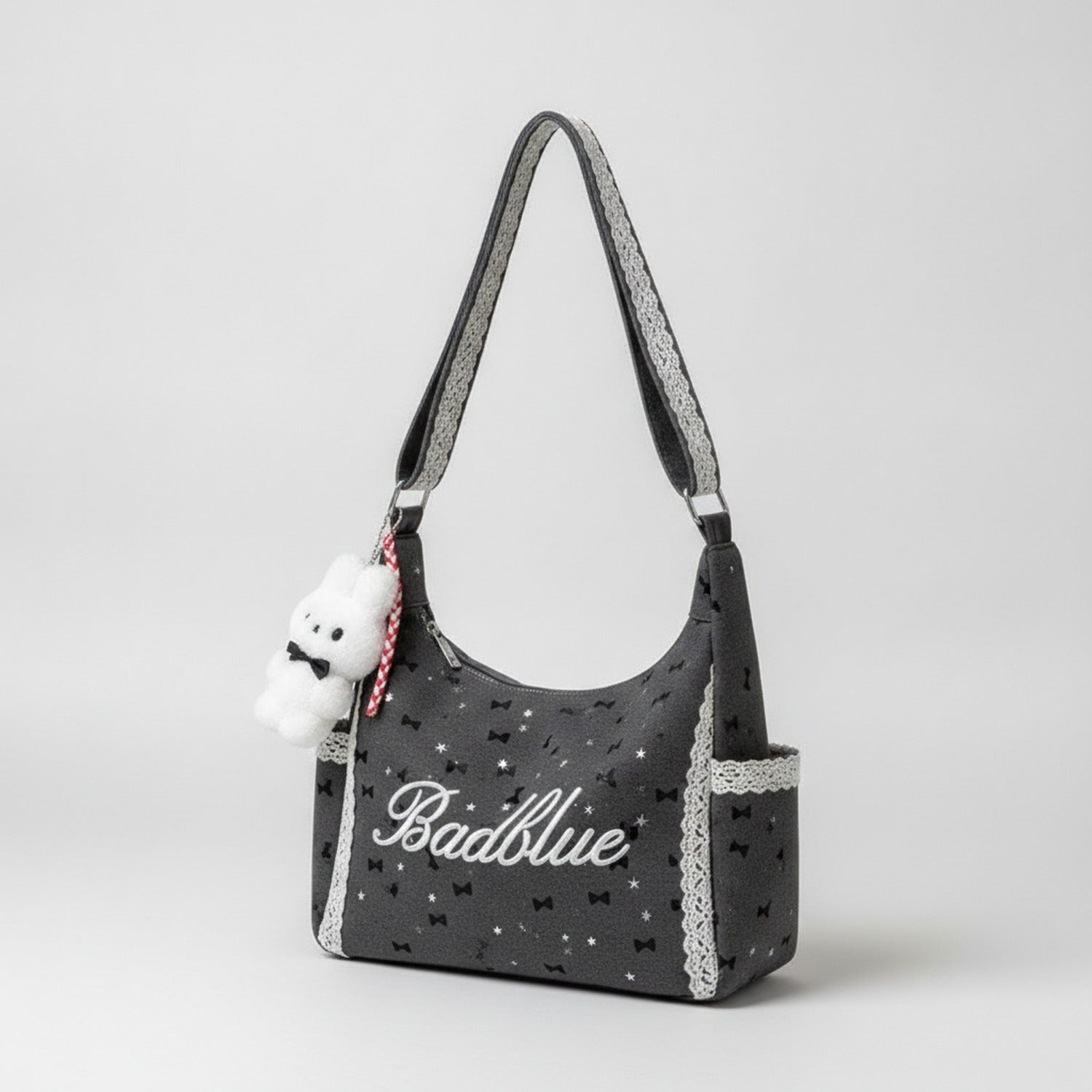 Black Star Studded Hobo Tote Bag With Fluffy Charm - Black Charm
