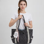 Star Studded Hobo Tote Bag With Fluffy Charm - Black Charm