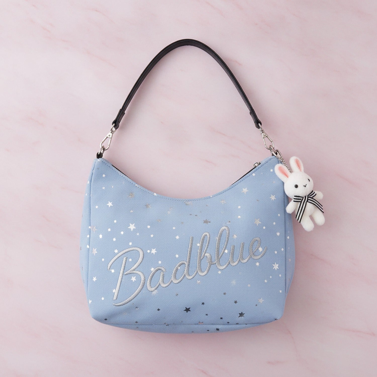 Black Star Studded Hobo Tote Bag With Fluffy Charm - Pink Charm