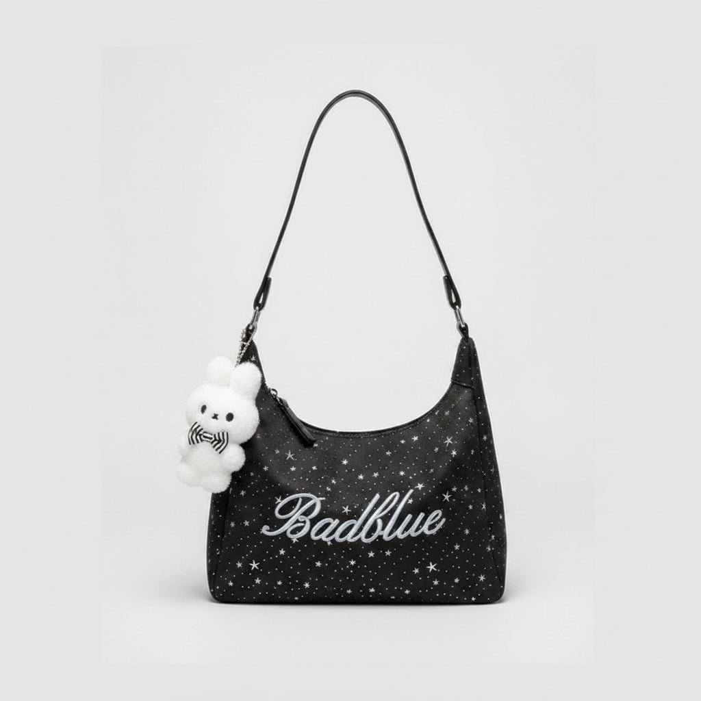 Star Studded Hobo Tote Bag With Fluffy Charm - Pink Charm
