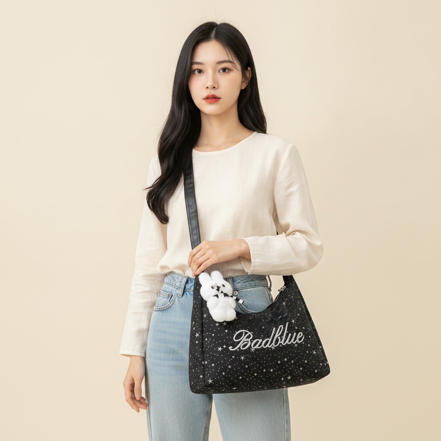 Black Star Studded Hobo Tote Bag With Fluffy Charm - Pink Charm