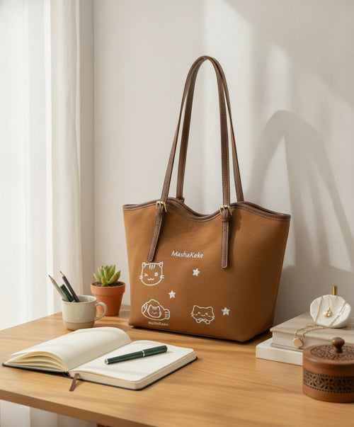 Brown Leather Tote Bag With Cat Star Charms