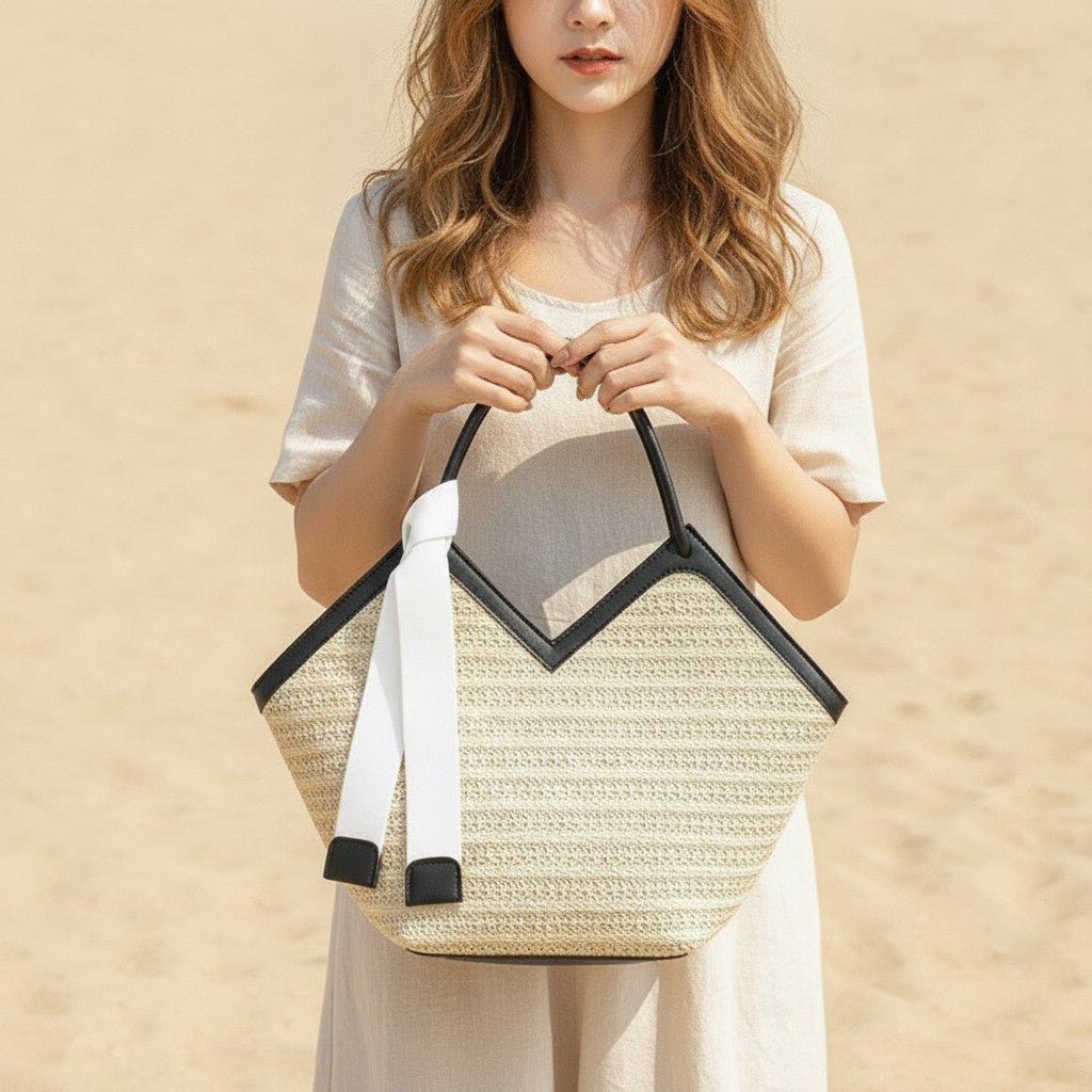Beige Straw Tote Bag With Black Handles And Ribbon Charm – bags & wallets (view 3)