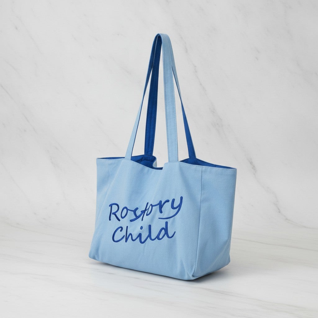 Canvas Tote Bag With Embroidered Text - Blue – bags & wallets (view 3)