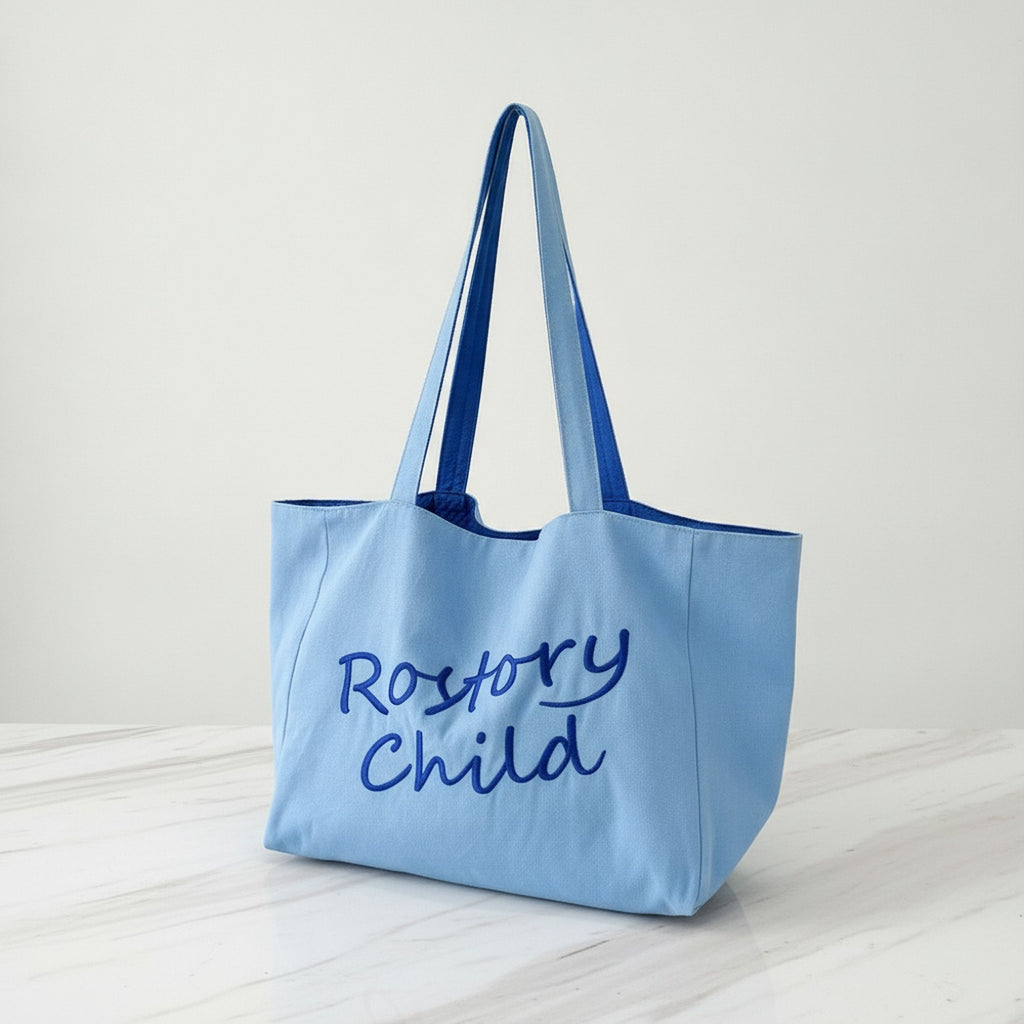 Canvas Tote Bag With Embroidered Text - Blue