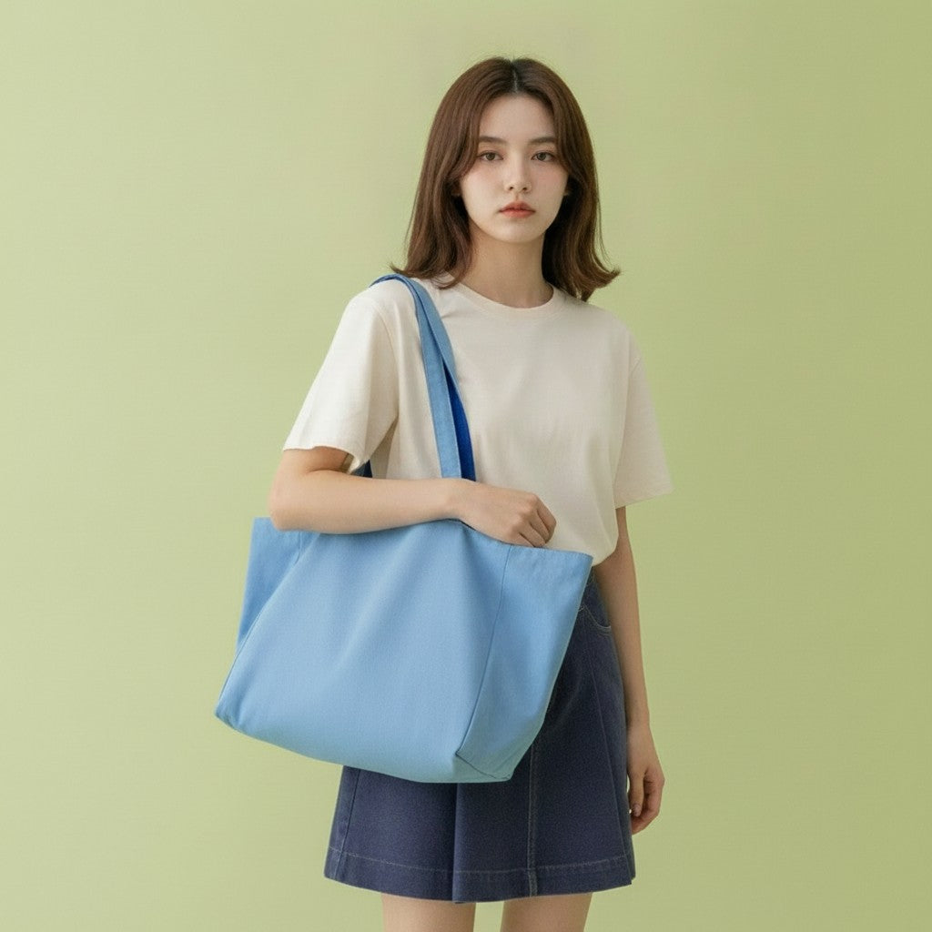 Canvas Tote Bag With Embroidered Text - Blue