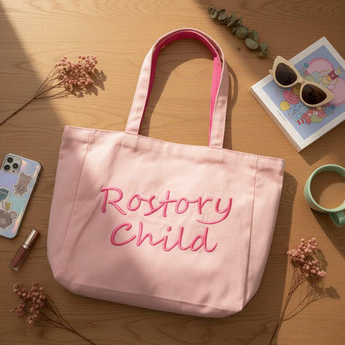 Canvas Tote Bag With Embroidered Text - Pink – bags & wallets (view 2)
