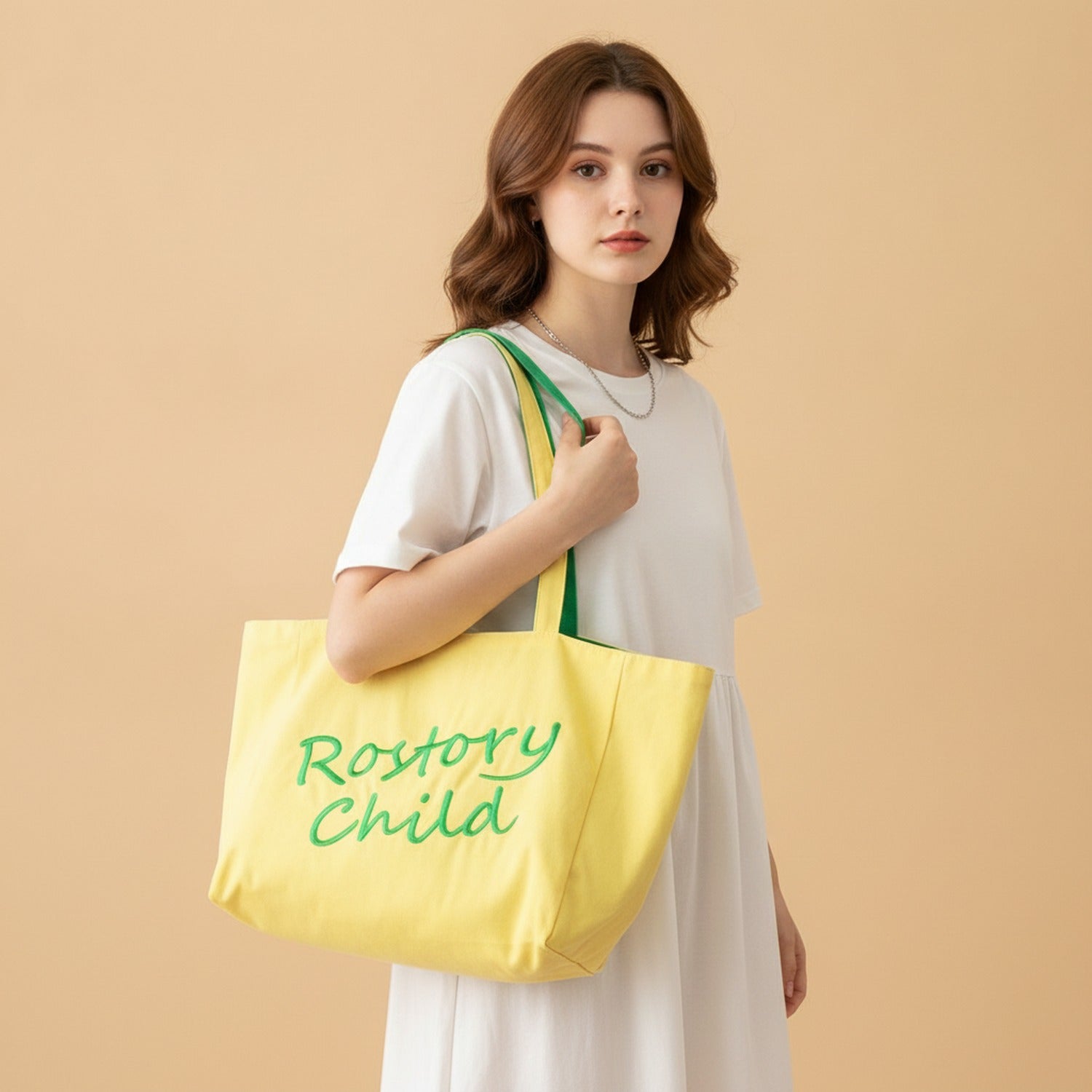 Canvas Tote Bag With Embroidered Text - Yellow