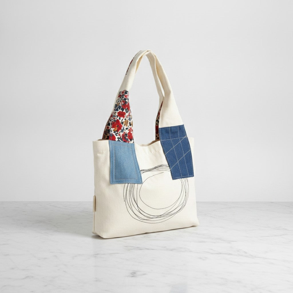 Patchwork Tote Bag With Embroidered Detail - Yarn Embroidery Vest Bag - Beige – bags & wallets (view 3)
