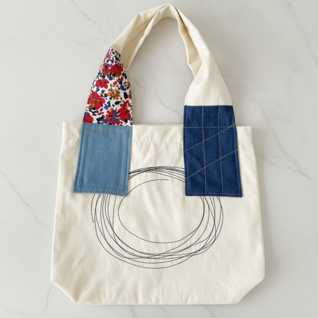 Patchwork Tote Bag With Embroidered Detail - Yarn Embroidery Vest Bag - Beige – bags & wallets (view 2)