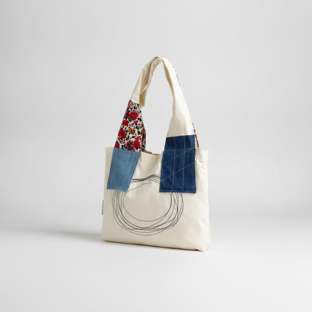 Patchwork Tote Bag With Embroidered Detail - Yarn Embroidery Vest Bag - Beige – bags & wallets (view 1)
