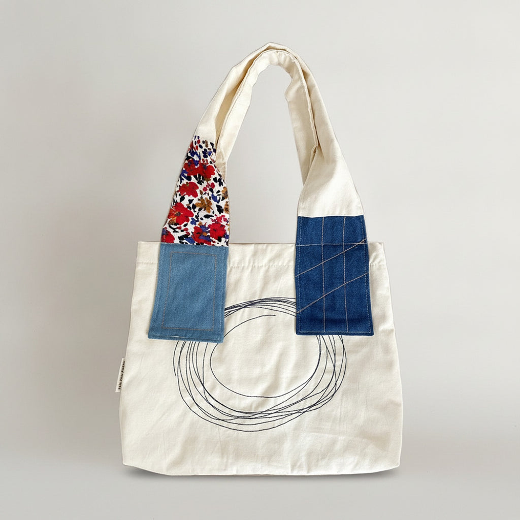 Patchwork Tote Bag With Embroidered Detail - Yarn Embroidery Vest Bag - Navy – bags & wallets (view 1)
