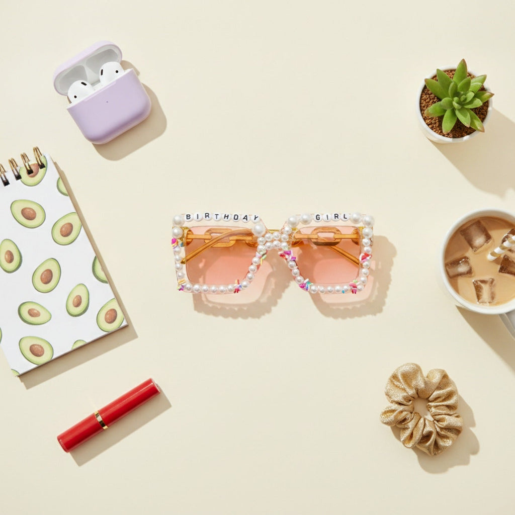 Pearl Beaded Birthday Girl Sunglasses - Flower Field Hair Clip #B05 Transparent Pink