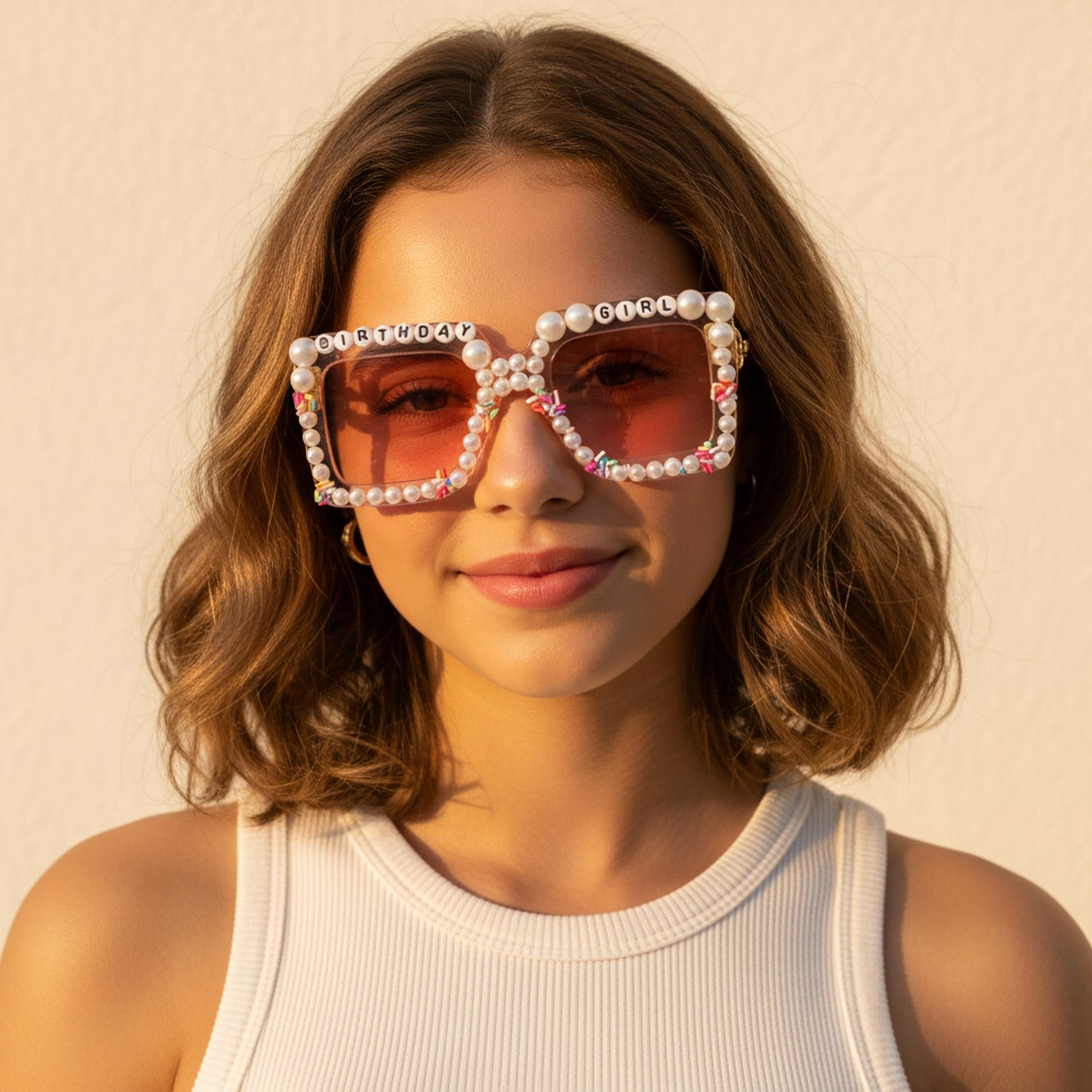 Pearl Beaded Birthday Girl Pink Sunglasses