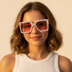 Pearl Beaded Birthday Girl Sunglasses - Flower Field Hair Clip #B05 Transparent Pink