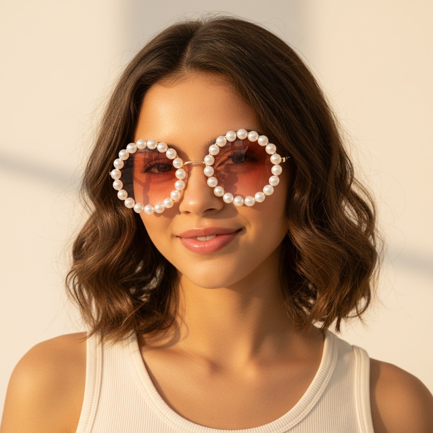 Pearl Beaded Round Gradient Sunglasses