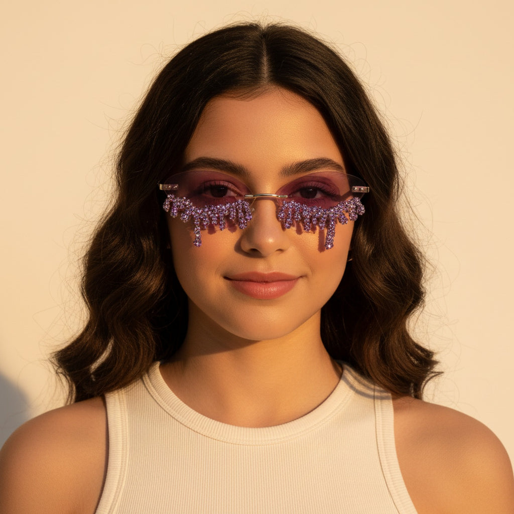 Yellow Rimless Sunglasses With Gold Beaded Lashes