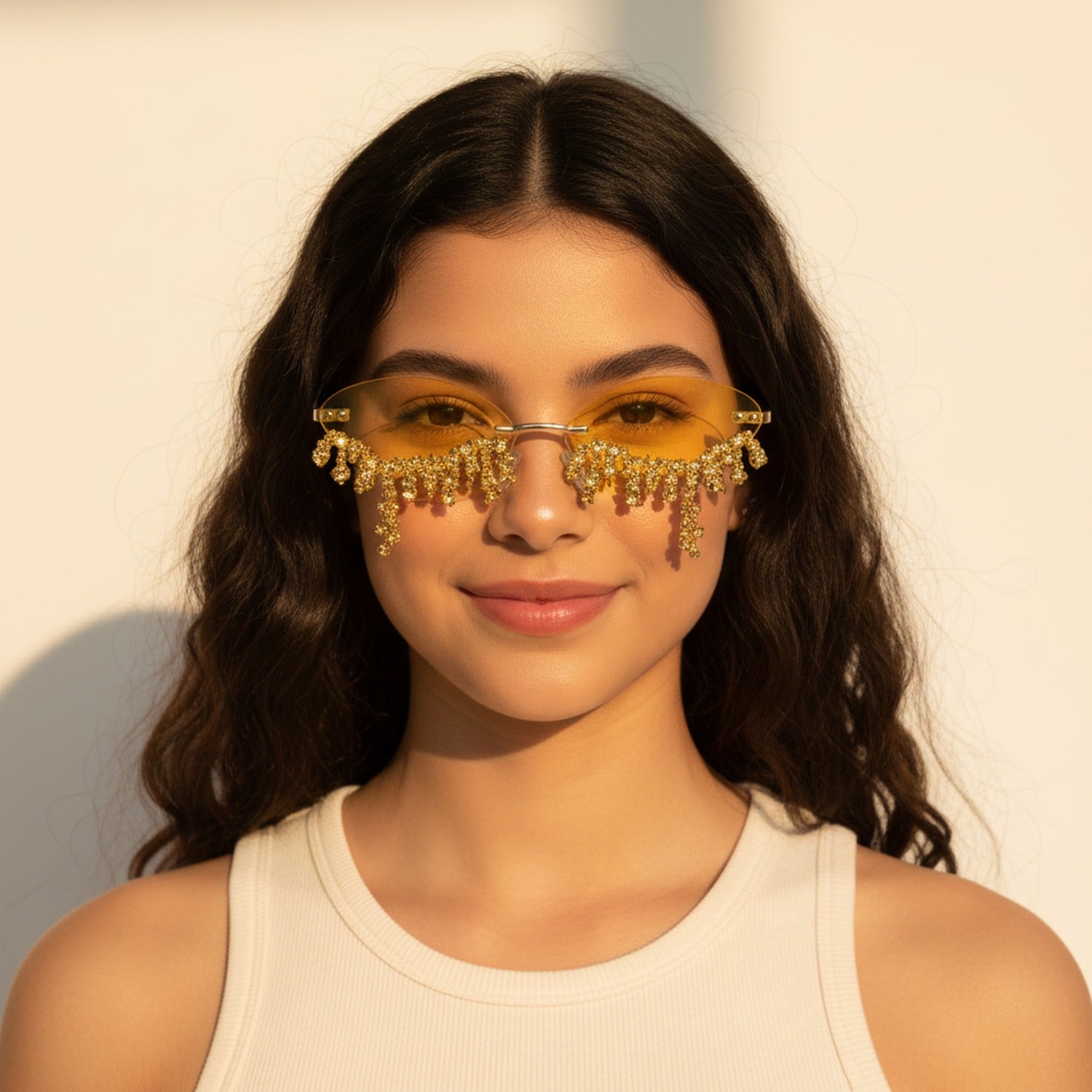 Dripping Crystal Rimless Sunglasses - A03 Rhinestone Tear #9932 - Yellow – eyewear (view 3)