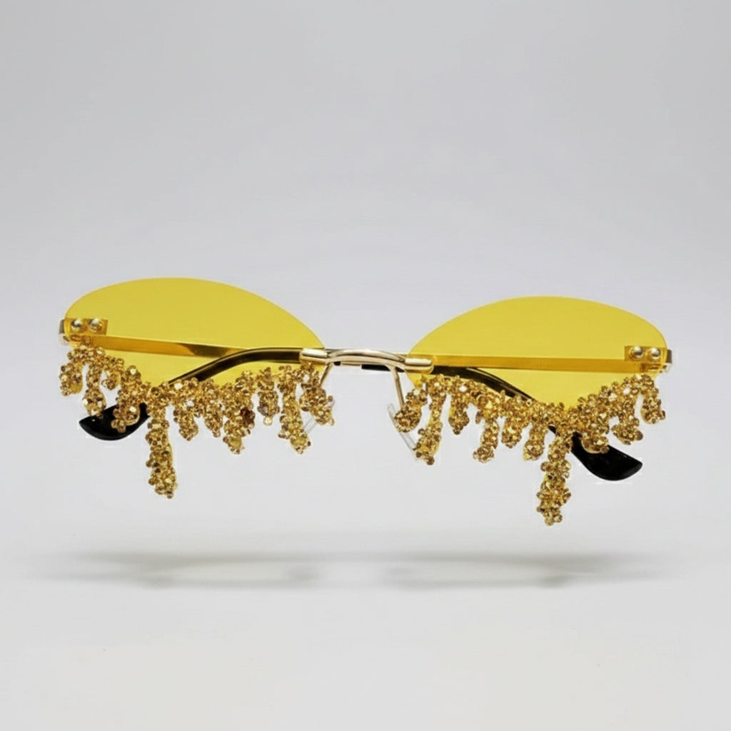 Dripping Crystal Rimless Sunglasses - A03 Rhinestone Tear #9932 - Yellow – eyewear (view 1)