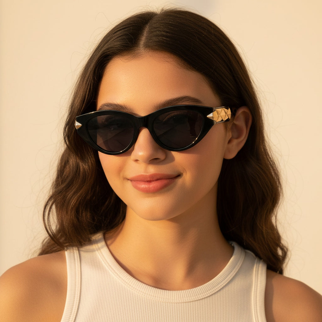 Black Cat Eye Sunglasses With Gold Studs