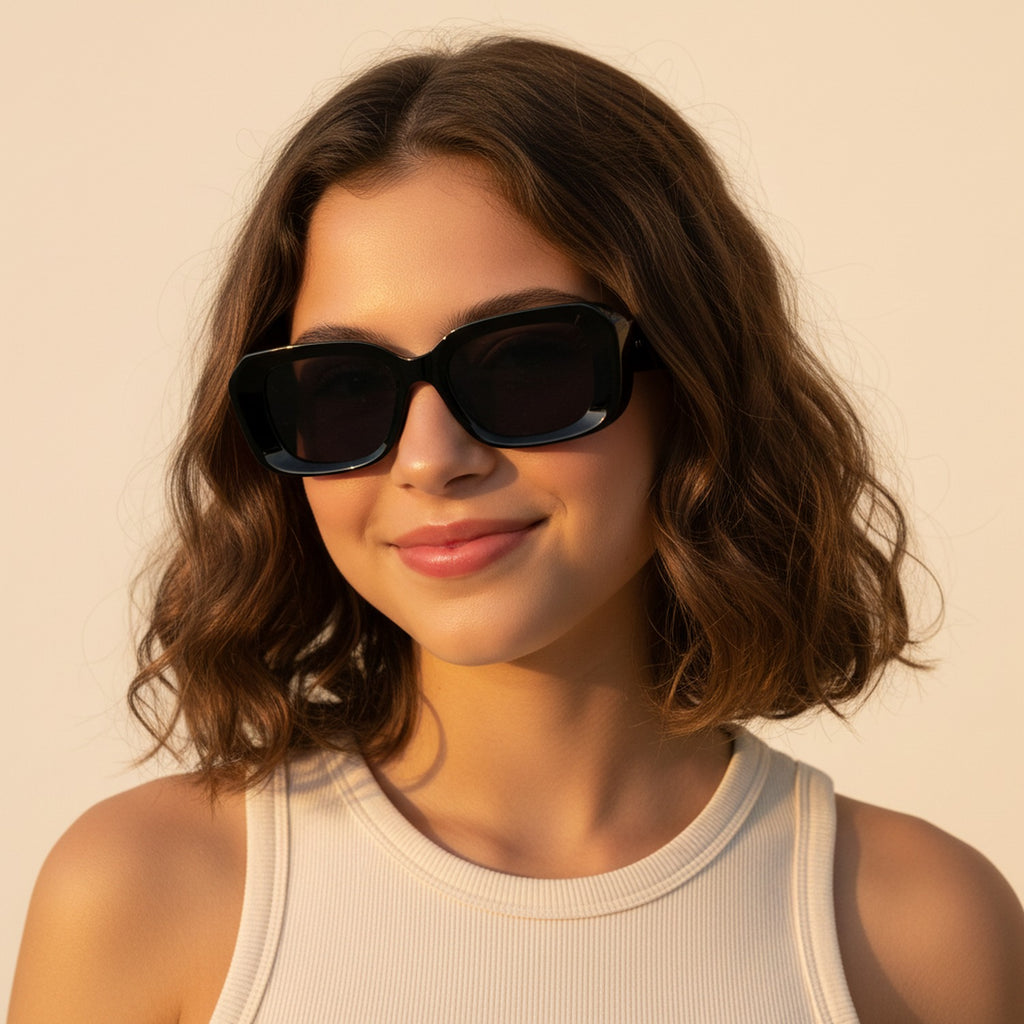 Black Chunky Square Sunglasses With Gold Studs