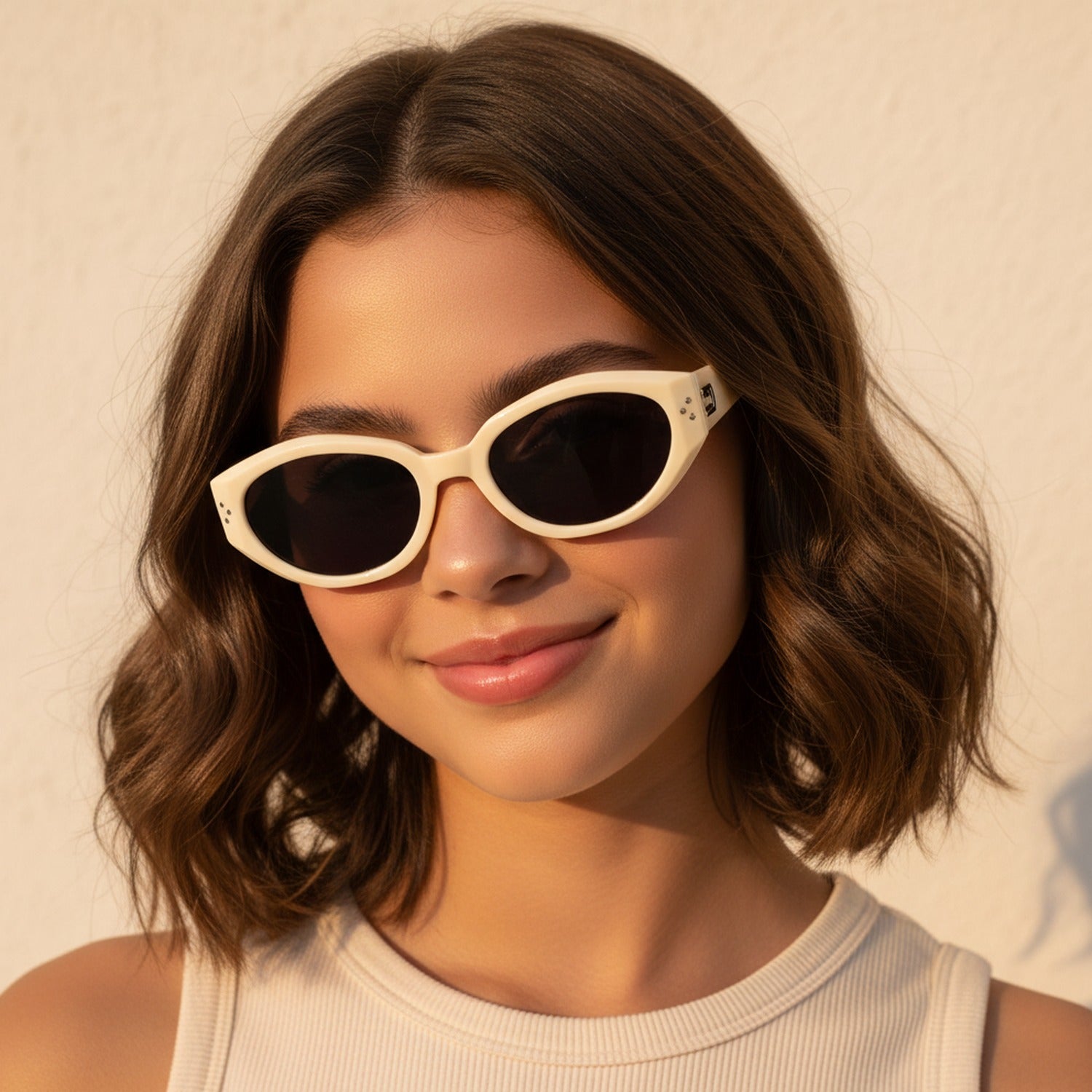 Cream Oval Retro Sunglasses With Metal Accent
