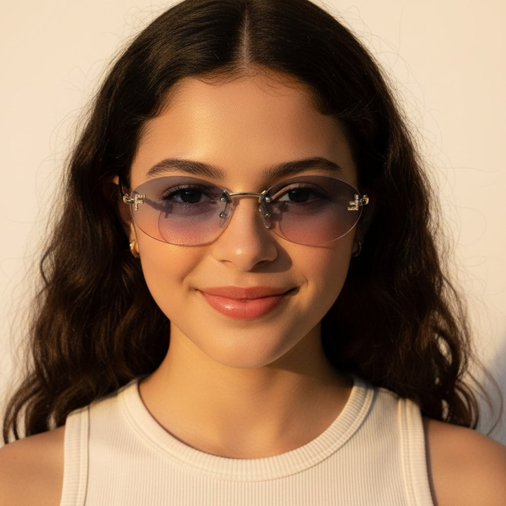 Gradient Oval Rimless Sunglasses With Gold Trim