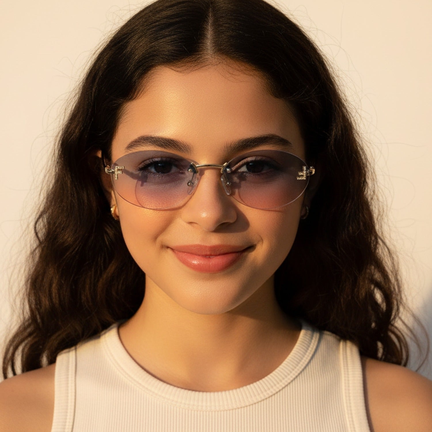 Gradient Oval Rimless Sunglasses With Gold Trim