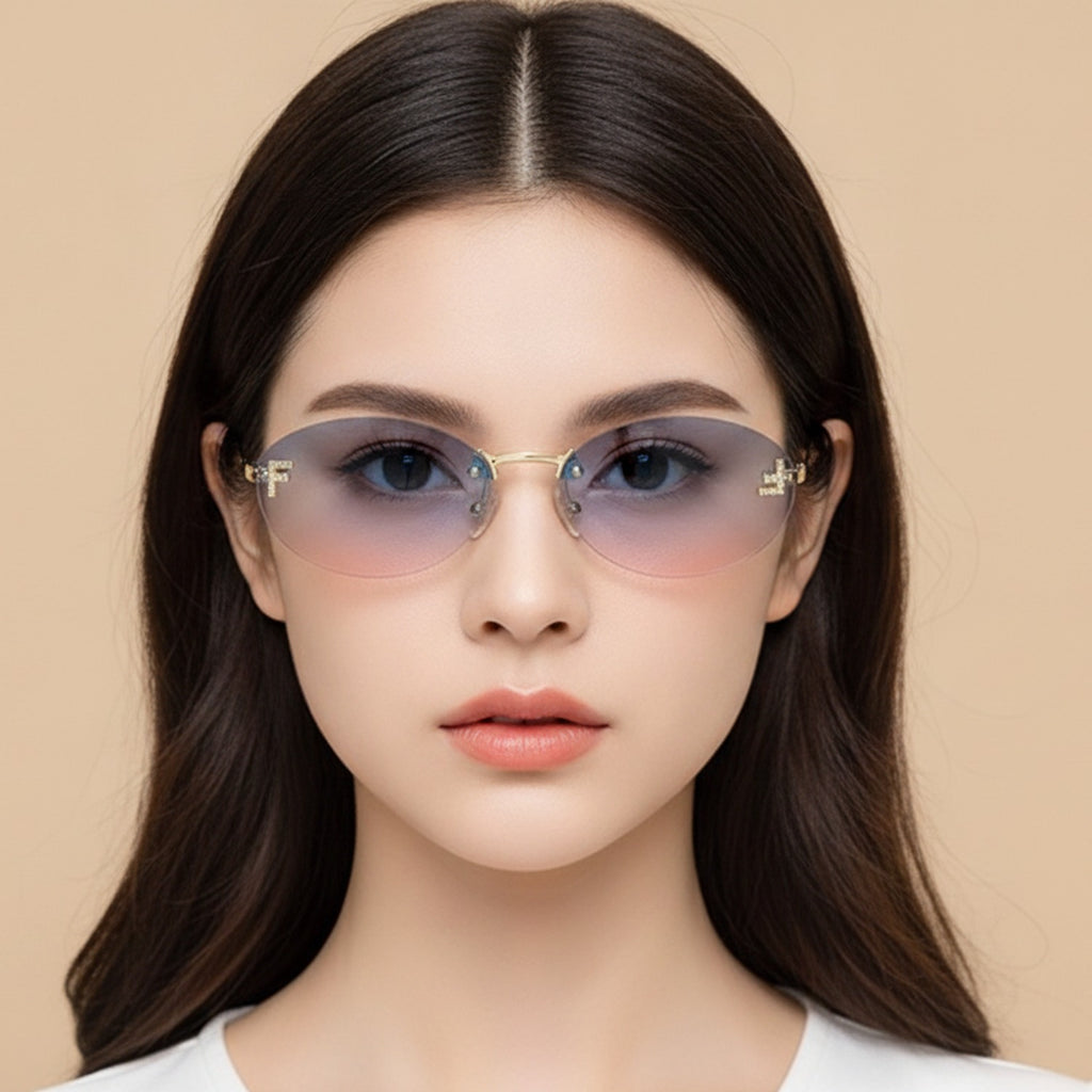 Gradient Oval Rimless Sunglasses With Trim - Blue Pink – eyewear (view 2)