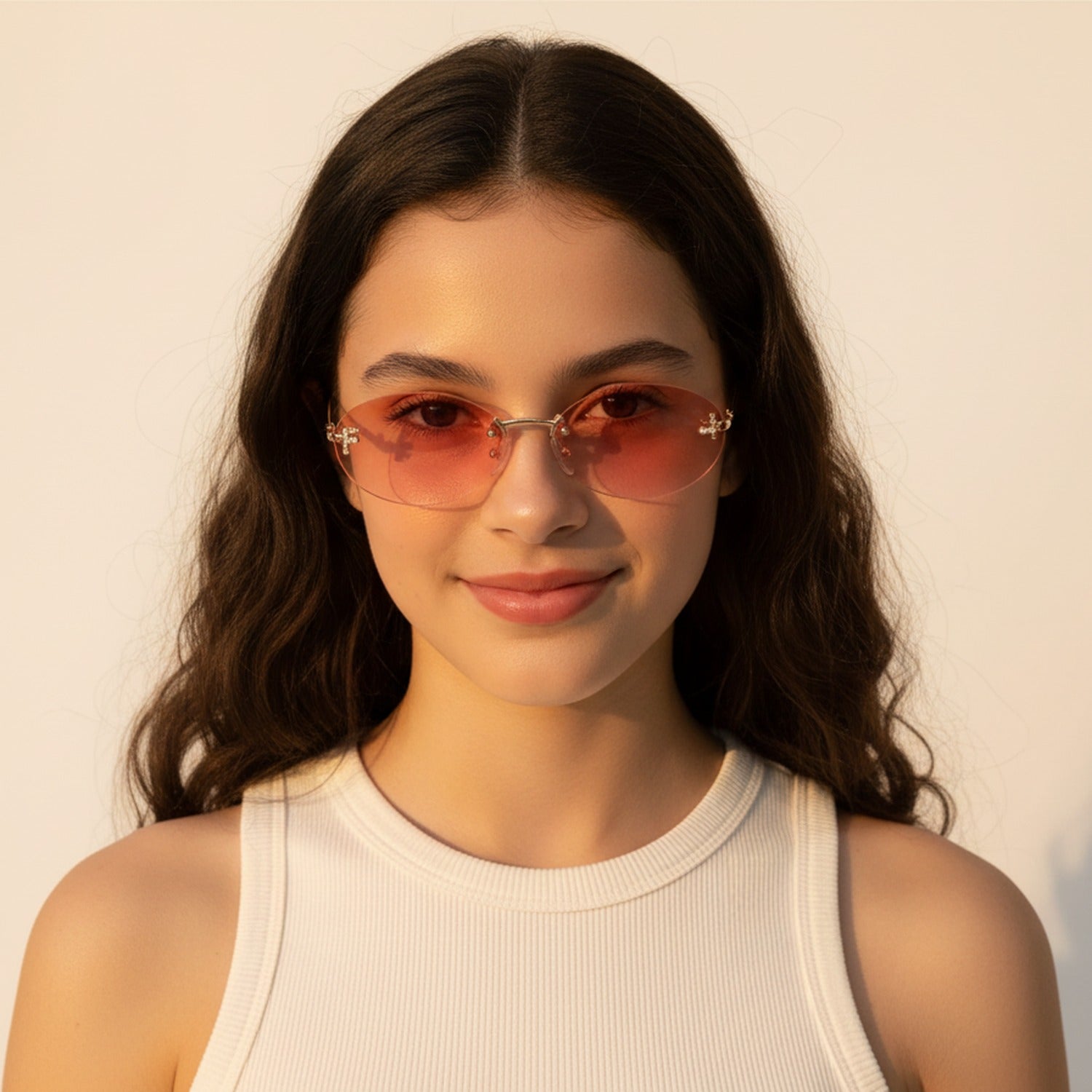Gradient Oval Rimless Sunglasses With Gold Trim