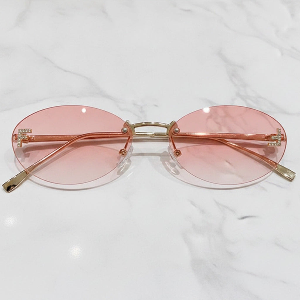 Gradient Oval Rimless Sunglasses With Trim - Dual Pink