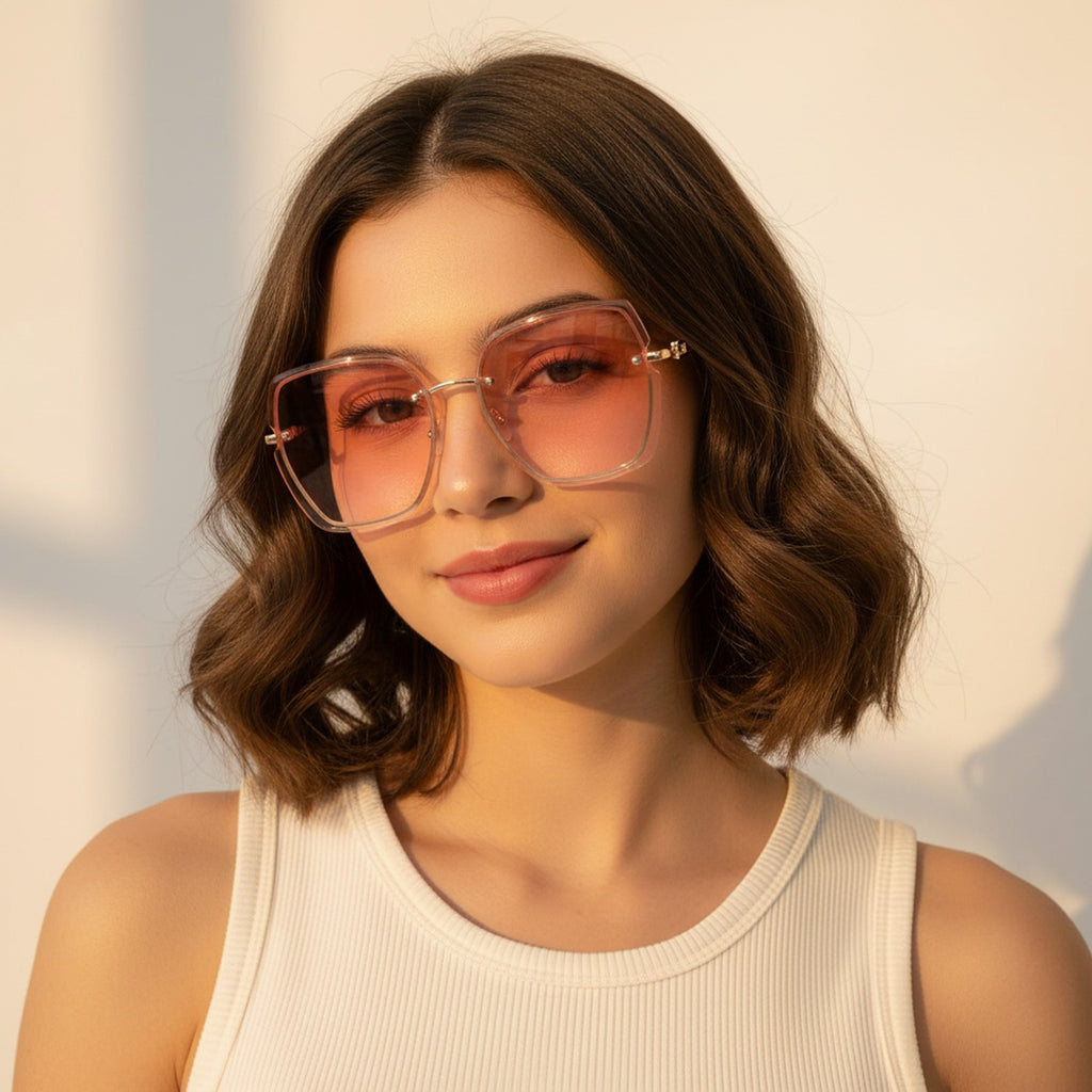 Square Pink Tinted Sunglasses with Chain Detail