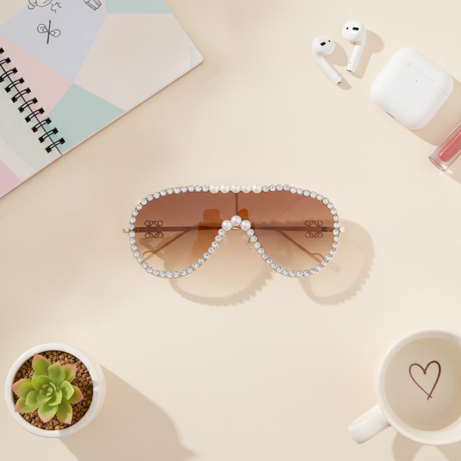 Pearl Rhinestone Aviator Sunglasses Brown Gradient