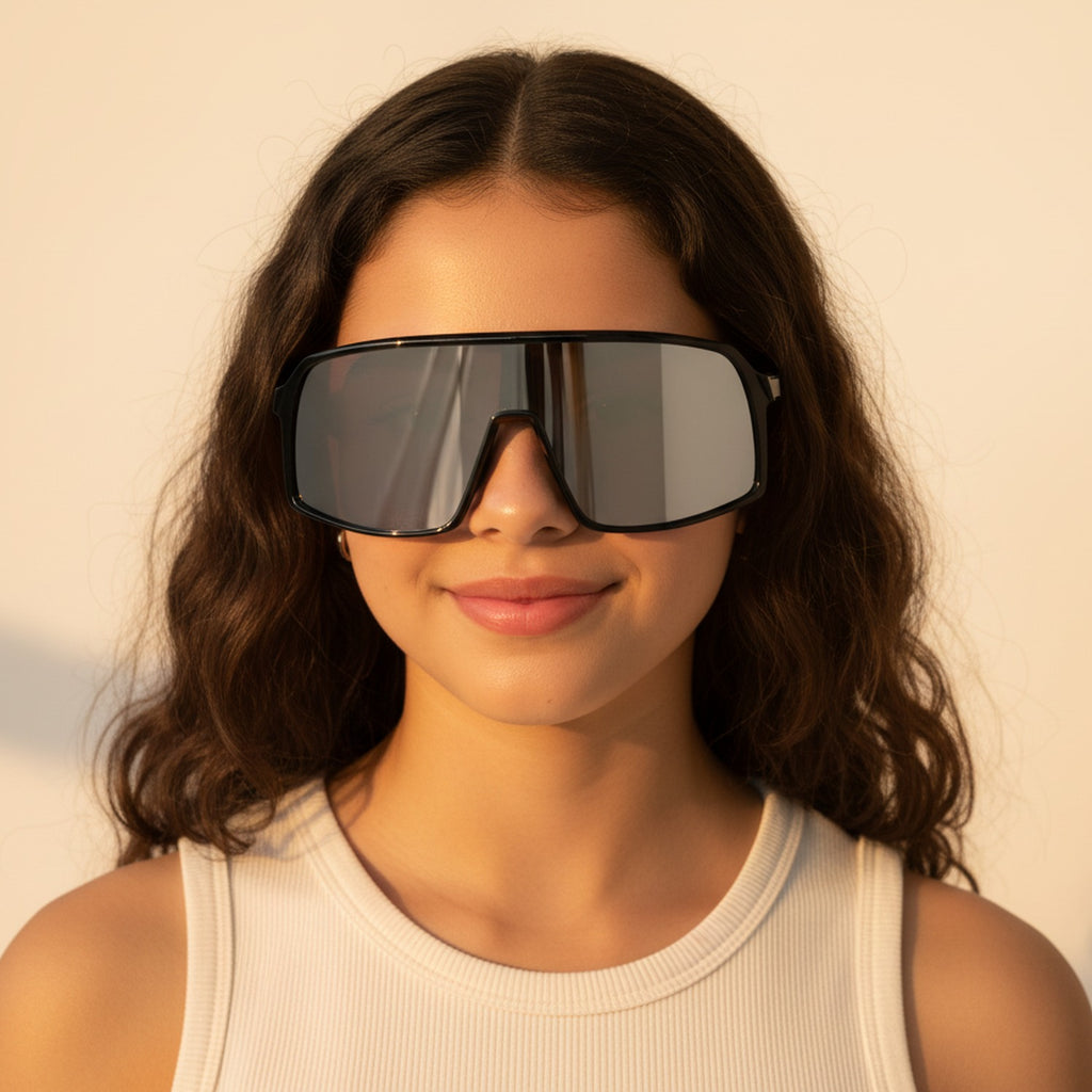 Black Shield Square Sunglasses With Textured Temple Arms