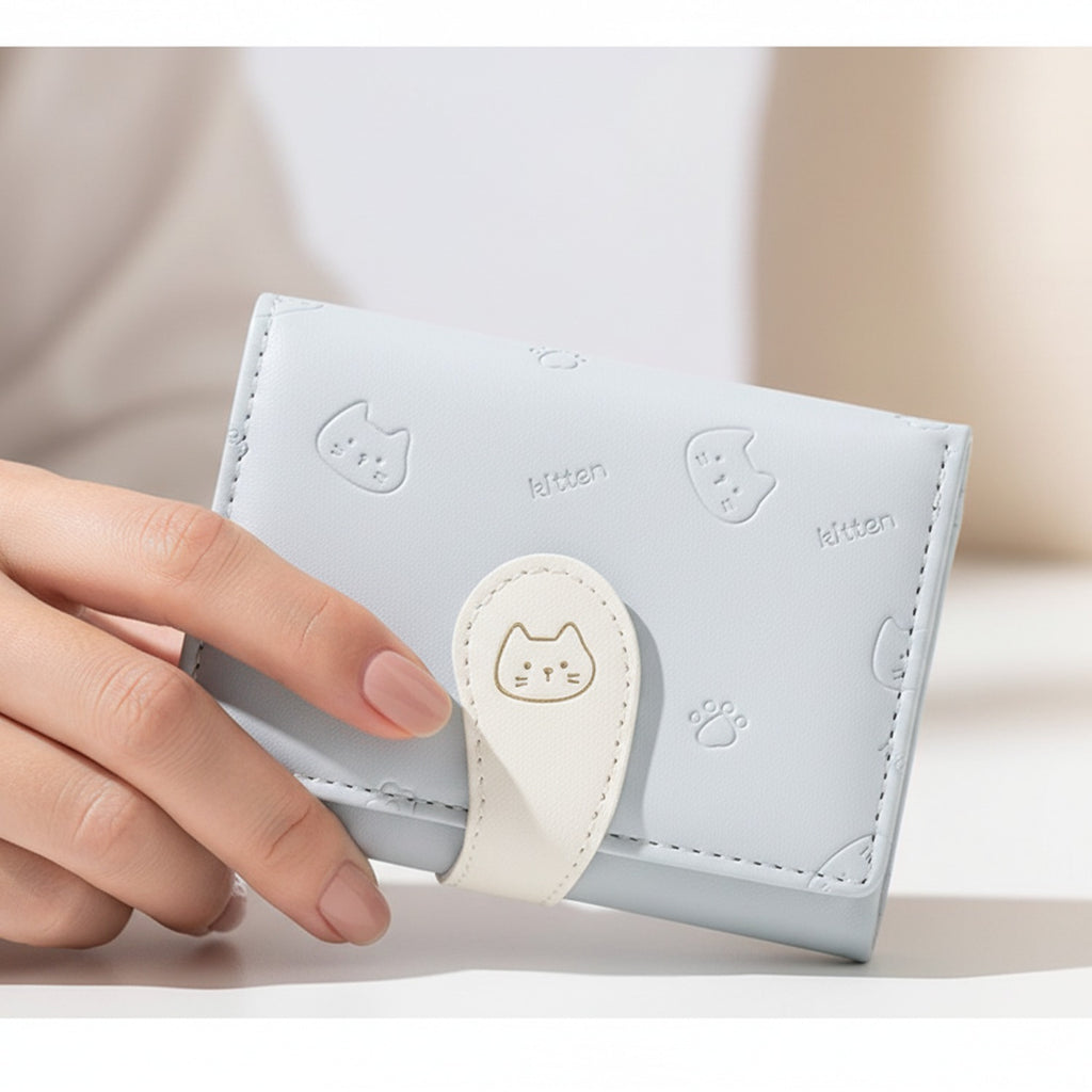 Kitten Embroidered Cream Wallet With Closure Strap