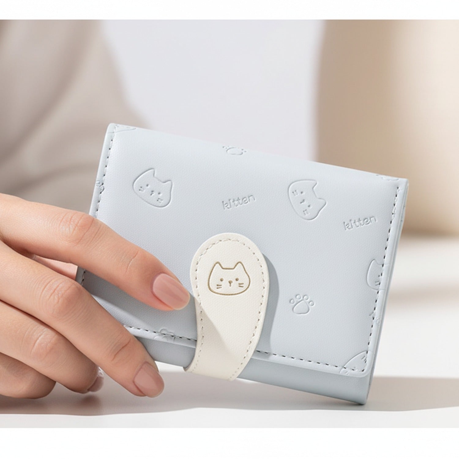 Kitten Embroidered Cream Wallet With Closure Strap