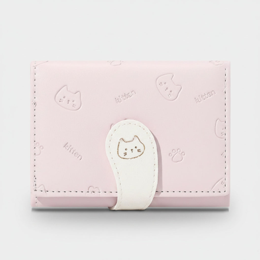 Cute Kitten Embroidered Pink Tri-Fold Wallet