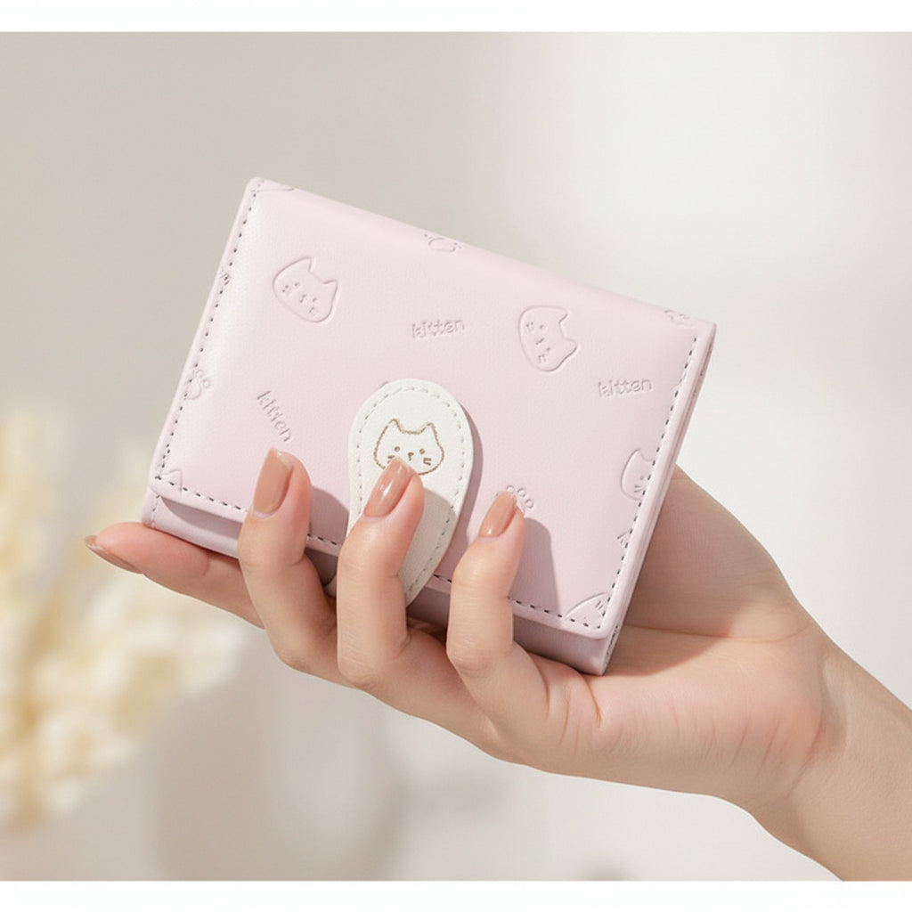 Cute Kitten Embroidered Pink Tri-Fold Wallet