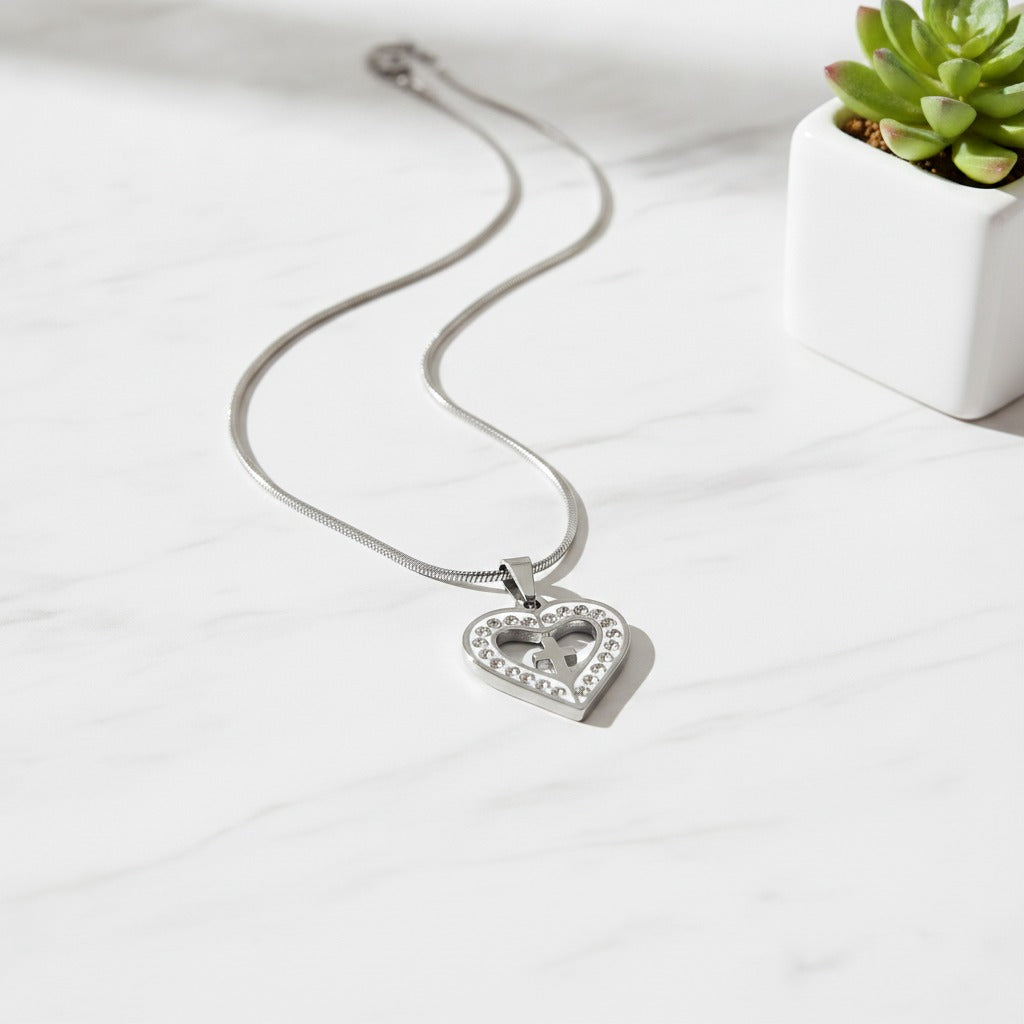 Rhinestone Heart Cross Pendant Necklace - Silver