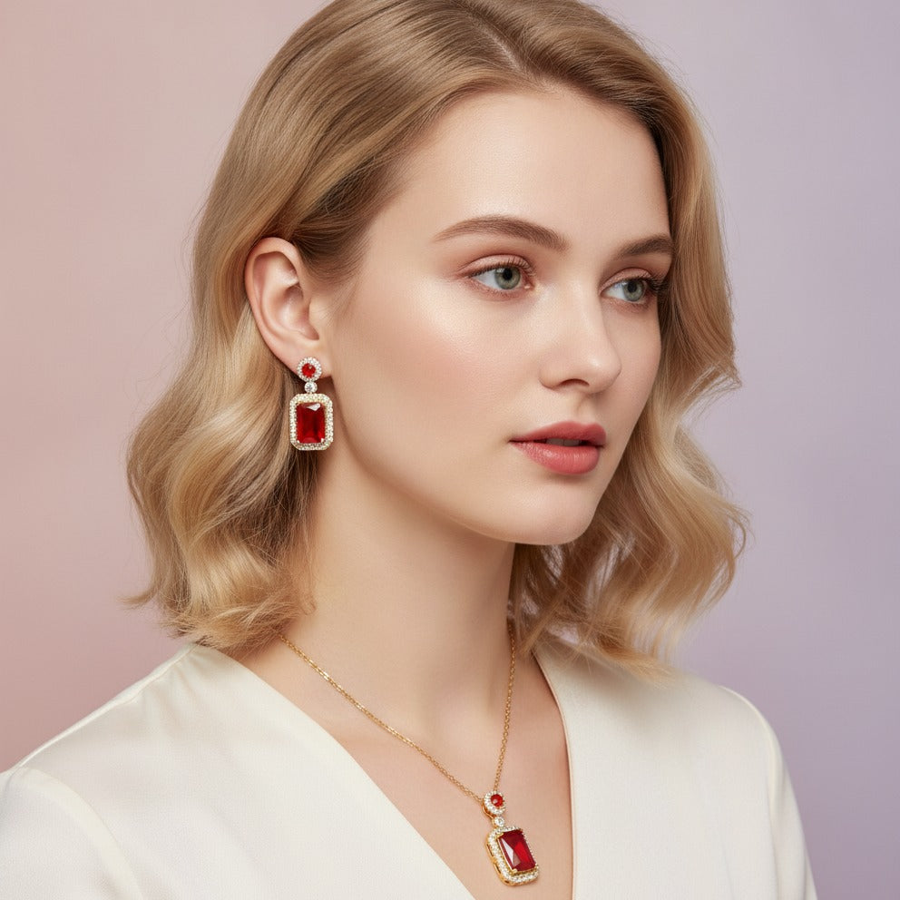 Emerald Cut Crystal Jewelry Set - Red