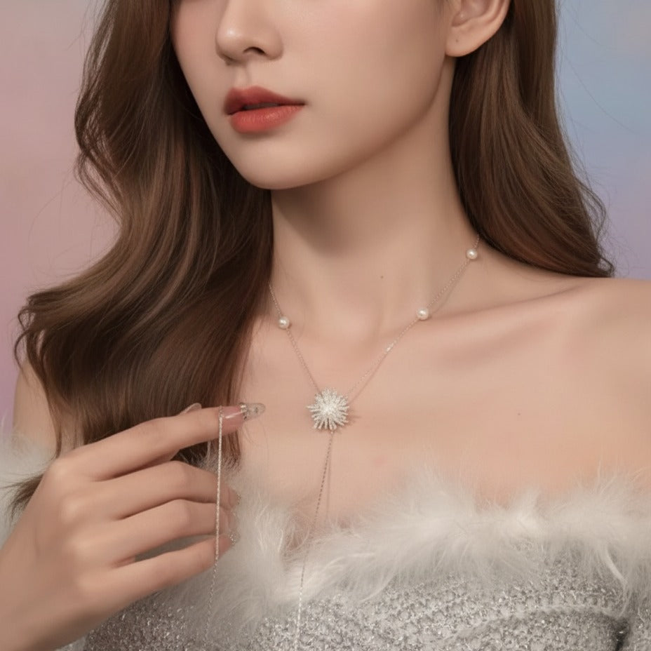 Starburst Pearl Lariat Necklace - Silver
