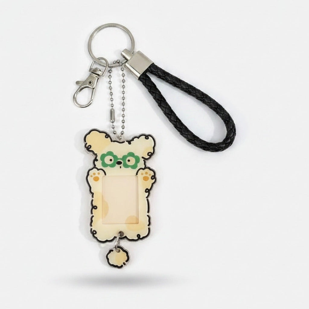Puppy Photo Frame Keychain - Yellow Pup Green Glasses